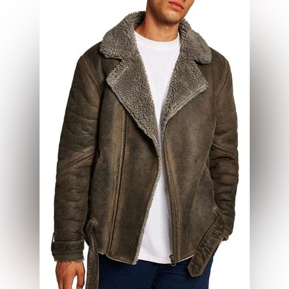 Topman Faux Shearling Trim Biker Jacket. Men’s. Size Small. Dark Brown.